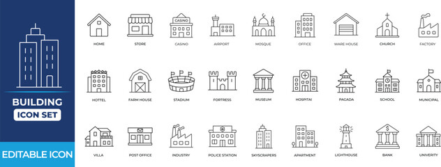 Building line icon set featuring architecture, real estate, government, hospital, school, residential, university, court, and infrastructure symbols for urban design projects.