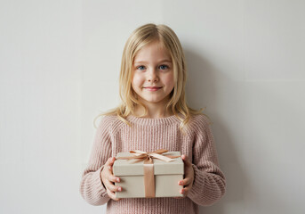 Young girl smiling while holding gift box in soft sweater indoors  