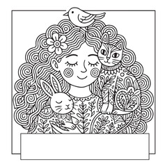 Cozy Girl with Pets. A peaceful girl with curly hair holding a bunny while a cat and bird rest beside her.