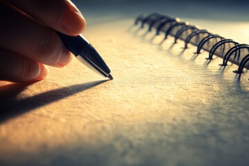A hand with a sleek black marker, writing 'Goal Acronym' on a textured notebook page, warm ambient lighting, inspiring and creative mood