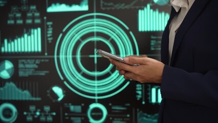 Professional individual woman in navy suit uses smartphone while standing, glowing digital dashboards, data analytics, futuristic interface elements, advanced technology for business intelligence. - Powered by Adobe