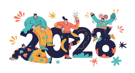 Fototapeta premium Happy New Year 2026 celebration with people enjoying and toasting champagne