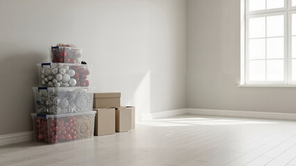 Stacked storage boxes with holiday decorations in empty room  