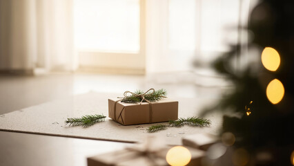 Wrapped Christmas gift on floor with pine sprigs in soft light  
