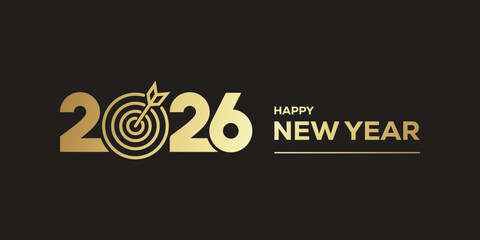 Elegant “Happy New Year 2026” typography in metallic gold on a dark background, modern festive banner design ideal for holiday greetings, party invitations, web headers. © bibin