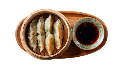 Top view of dimsum with gyoza and dipping sauce, focus selective isolated on a white background