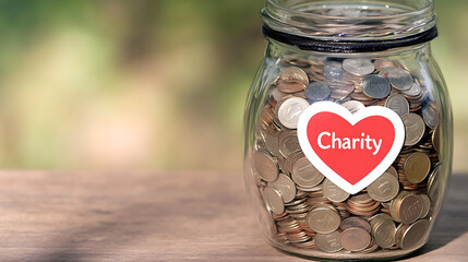 Jar full of coins with a heart sticker labeled 'Charity' sits on a wooden table against a blurred natural background. Savings, donation, and support concept.