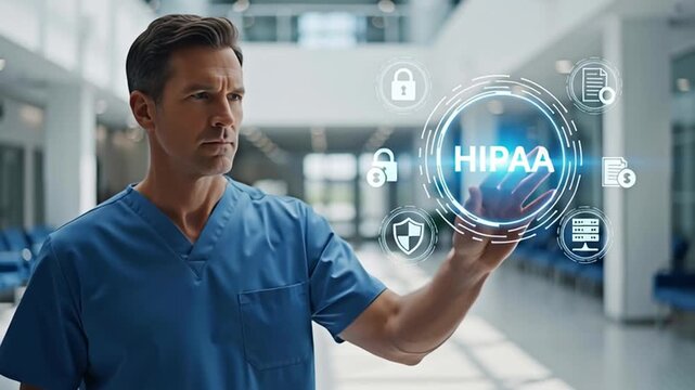 Doctor touching HIPAA hologram for the concept of Healthcare.