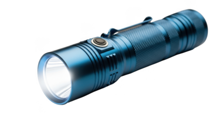 Brightly lit tactical flashlight with intense beam ideal for outdoor adventures and emergencies transparent background