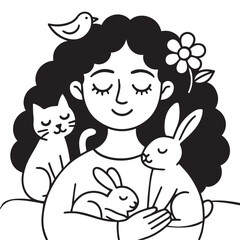 Cozy Girl with Pets. A peaceful girl with curly hair holding a bunny while a cat and bird rest beside her.