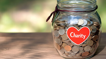 Coins in a jar labeled 'Charity' suggest a commitment to charitable giving and philanthropy, emphasizing the importance of collective contributions for a better future.