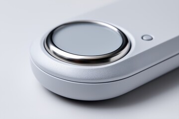 Compact medical scanning device with raised oval sensor and metallic rim, macro photo of seamless matte body and ergonomic curvature