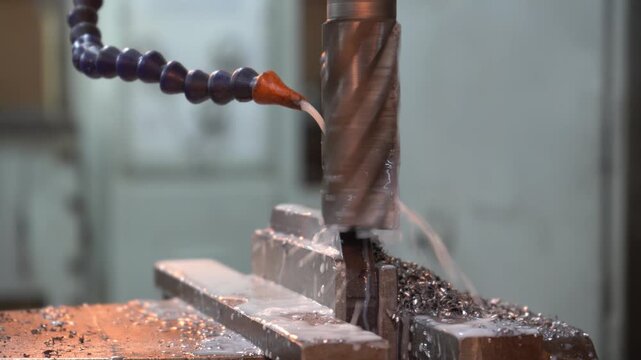 CNC machine drilling metal block with coolant spray. Precision engineering, industrial manufacturing, machining process, factory automation, metalworking.