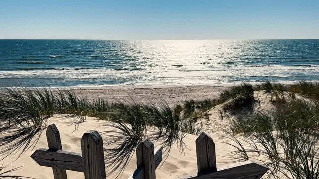 Serene beach scene with wooden fencing and gentle ocean waves under clear sky