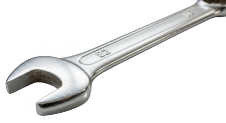 Close up of a shiny metal combination wrench tool for mechanical work transparent background
