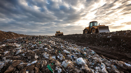 A vast landfill stretches to the horizon under a cloudy sky, with heavy machinery working to manage the waste. A scene of environmental management and disposal in progress.