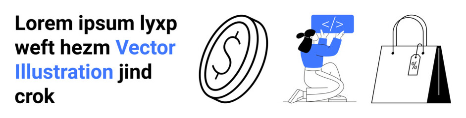 Technology, e-commerce, financial transactions, digital innovation, online business, development. Coin with dollar symbol, coding shopping bag. Technology and e-commerce concepts