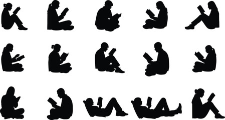 Silhouettes of people reading books in various relaxed positions
