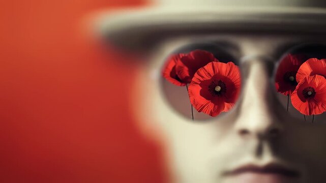 Man wears round sunglasses and a fedora hat with red poppy reflections and a warm textured red background, framed to leave generous negative space on the left for text or branding in editorial and com