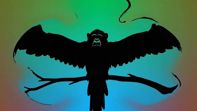 Mythical Winged Monkey Silhouette Against Vibrant Gradient Sky