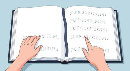Close-up of hands reading an open book with Braille text, representing literacy and accessibility for the visually impaired.