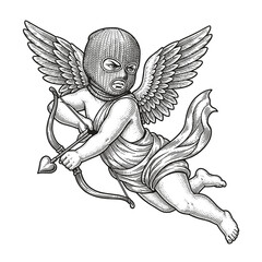 Vintage Cupid with Balaclava Brutal Vector Illustration