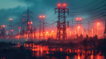 Hyper realistic image of advanced power grid powered by atomic energy with futuristic lighting