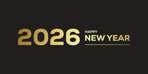 Elegant “Happy New Year 2026” typography in metallic gold on a dark background, modern festive banner design ideal for holiday greetings, party invitations, web headers.