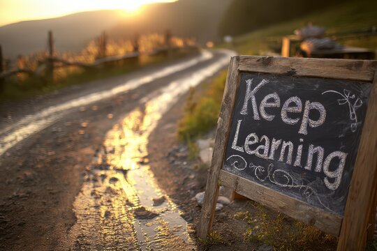 A winding dirt road at sunset, with soft golden light illuminating a chalkboard sign that reads "Keep Learning, " creating an inspiring and peaceful atmosphere