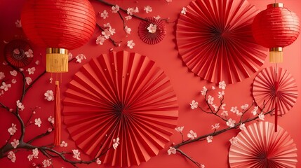Vibrant red chinese new year decorations with paper lanterns and festive fans
