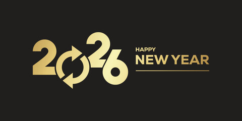 Elegant “Happy New Year 2026” typography in metallic gold on a dark background, modern festive banner design ideal for holiday greetings, party invitations, web headers.