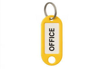 Yellow plastic office key tag on ring