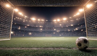 Soccer ball, centered goal view, stadium lights illuminating fans, field