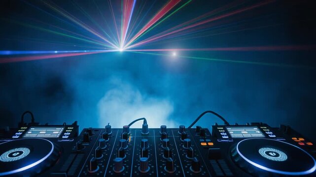 DJ Controller Setup, Nightclub Stage, Dark Environment, Close-up View, Music Mixing