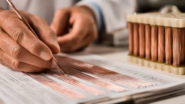 Medium shot of a technician comparing copper wires against a metric wire gauge chart highlighting precise millimeter measurements for international applications.