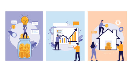 Collection of business and finance illustrations showing creative ideas for savings, data-driven growth, and real estate investment.