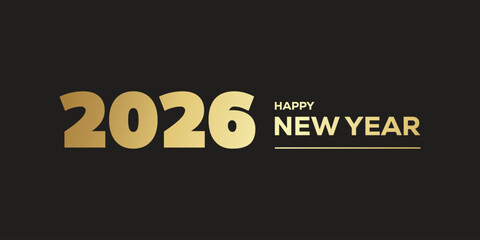 Elegant “Happy New Year 2026” typography in metallic gold on a dark background, modern festive banner design ideal for holiday greetings, party invitations, web headers.