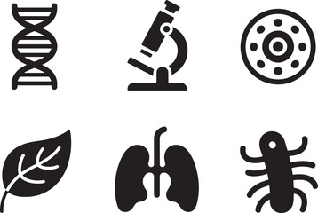 Biology and science icons set featuring dna microscope lungs leaf microorganism and insect vector symbols