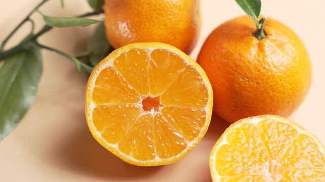 Sliced mandarin halves rotate alongside whole citrus fruits on a neutral surface. Bright segments and rind details add a clean, fresh mood.