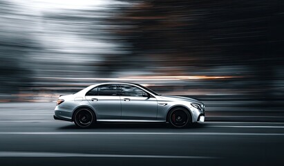 Obraz premium Silver car speeds by, motion blur shows velocity, sleek automotive style