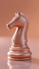 Brushed rose gold chess knight, reflective surface, peach fuzz gradient. Brushed metal textures on a smooth reflective studio surface.