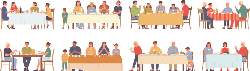 Family dining illustration set, people eating together, diverse groups at table, shared meals concept, flat design characters, social eating artwork