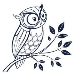 Stylized owl perched on a branch with leaves