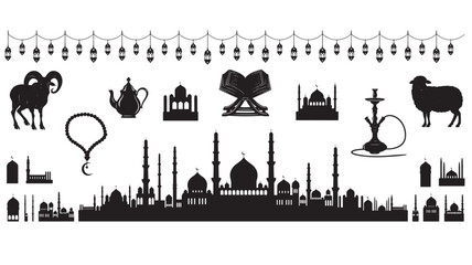 a decorative collection of islamic symbols including a ram kettle mosque and quran arranged horizontally on transparent background silhouette high quality professional detailed modern elegant stylish