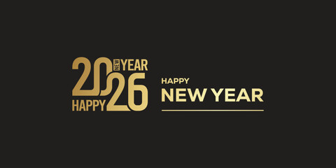Elegant “Happy New Year 2026” typography in metallic gold on a dark background, modern festive banner design ideal for holiday greetings, party invitations, web headers. © bibin
