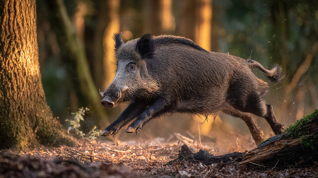 ferocity. A wild boar charging through dense forest undergrowth, its tusks scraping against tree bark in dappled sunlight. wildlife magazines.
 - Powered by Adobe