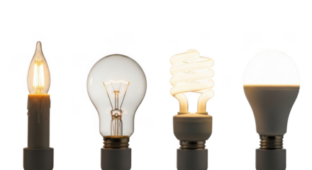 Evolution of lighting technology four distinct bulbs showcasing innovation from flame to led transparent background black background