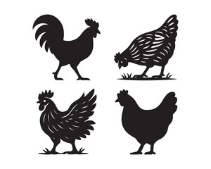 hen & rooster silhouette, hen & Chicken family, farm bird silhouettes, large tail feathers rooster, crowing rooster vector silhouette design set collection, hen silhouette, rooster silhouette