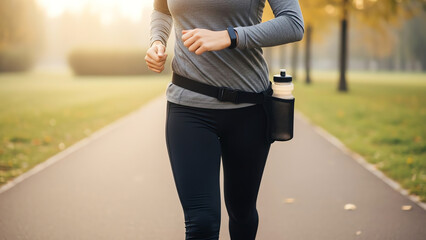 Young woman jogging in autumn park wearing athletic clothing