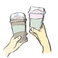 two hand holding a refreshing iced coffee drink illustration vector sketch with black lines